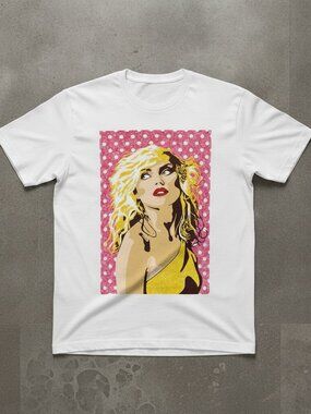 Retro Blonde Pop Art Graphic T-Shirt – Pink Polka Dot Vintage Music Tee